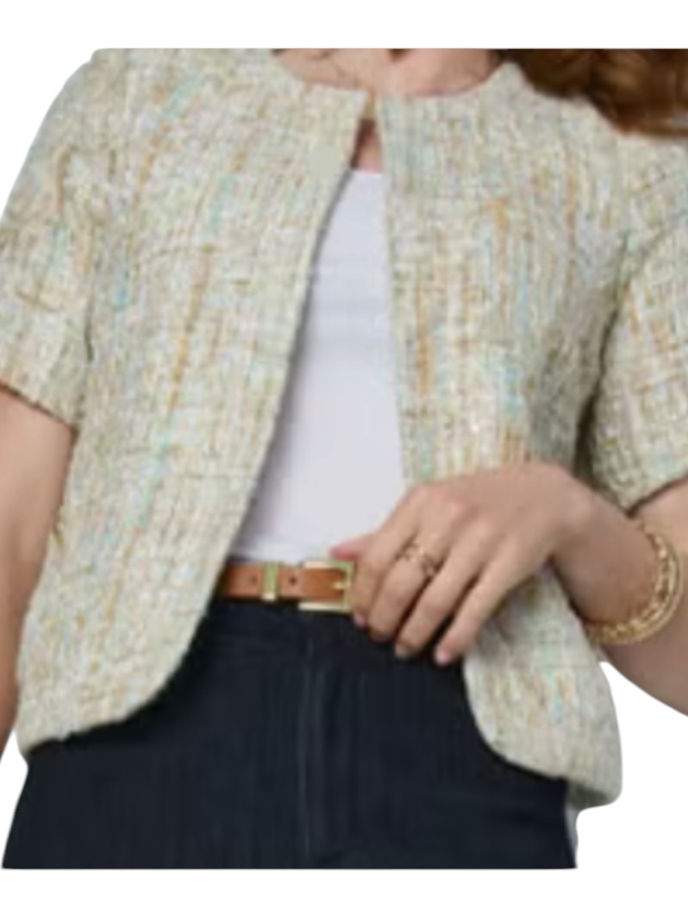 Jessica London Womens 16W Tweed Short Sleeve Open Front Blazer Jacket Gold Multi